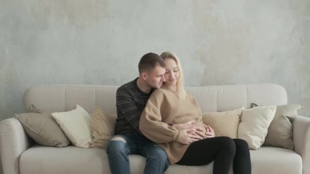 Pareja Embarazada Acurruca Habitación Sofá Juntos Marido Feliz Sostiene Mano — Vídeos de Stock