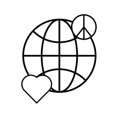 Dünya gezegeni, barış işareti ve kalp işareti..