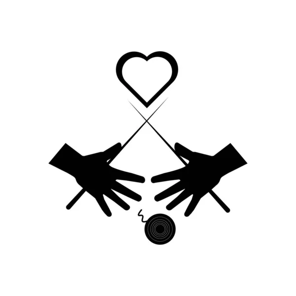 Hand Knitting Needles Ball Heart Icon Needlework Handmade — Stock Vector