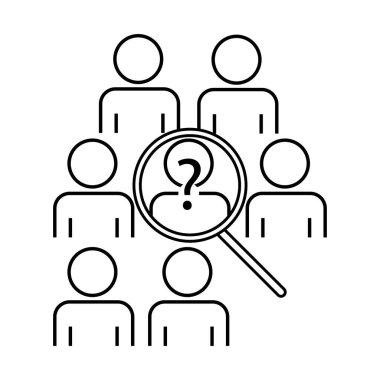 Person search and question mark, magnifier and group of people sign