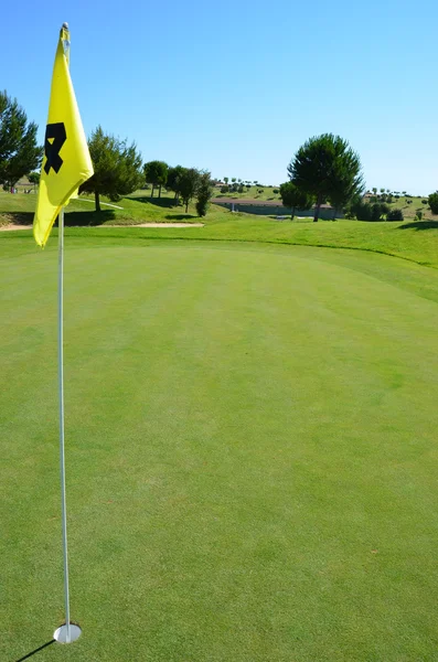Terrain de golf et drapeau jaune — Photo