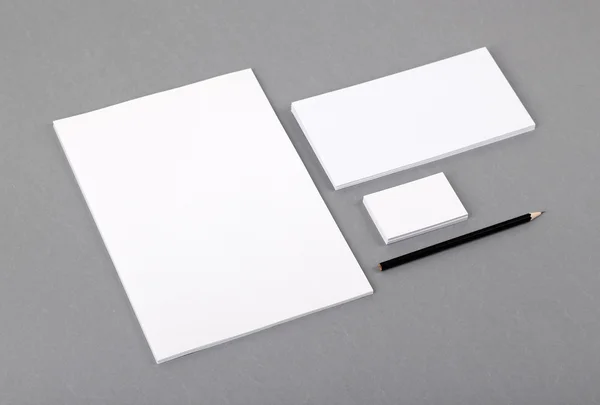 Blank basic stationery. Letterhead flat, business card, envelope — Stock Photo, Image
