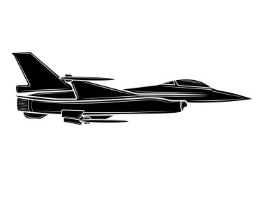 Bir savaş uçağının siyah silueti beyaz arka planda izole edilmiş..