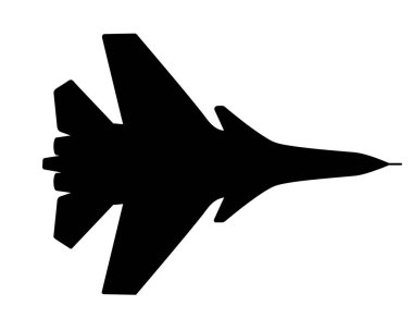 Bir savaş uçağının siyah silueti beyaz arka planda izole edilmiş..