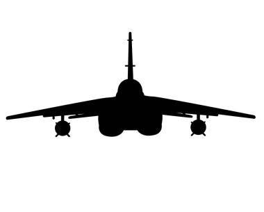 Bir savaş uçağının siyah silueti beyaz arka planda izole edilmiş..