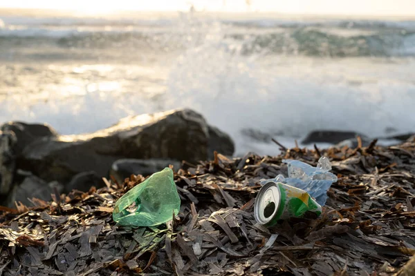 Okyanus kıyısındaki plastik şişe ve alüminyum atığı, çevresel kirlilik — Stok fotoğraf