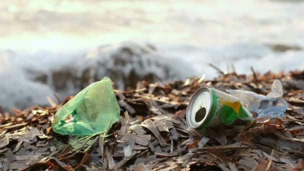 Plastikowe butelki i odpady aluminium na oceanicznym wybrzeżu morza, zanieczyszczenia środowiska — Wideo stockowe