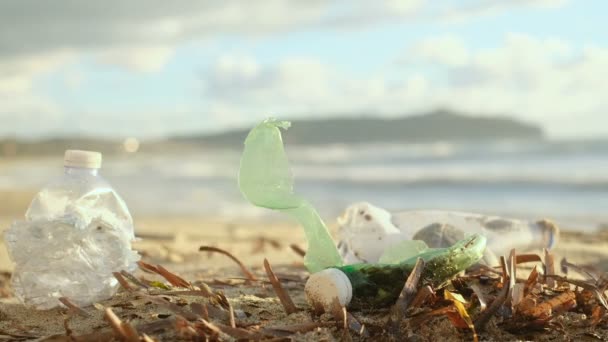 Plastic bottles discarded on pollution contaminated ocean sea coast habitat,environmental nature waste — Stock Video