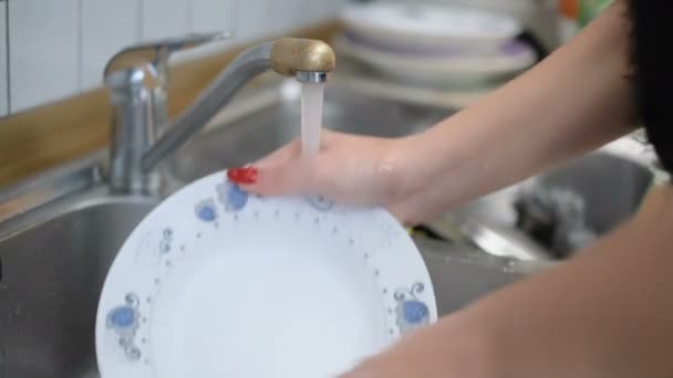 Żona kobieta podczas zmywania naczyń w domu, marnowanie wody problem, rutynowy styl życia — Wideo stockowe