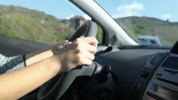 Woman Hold Steering Wheel While Driving Car Safety Drive Transportation — Vídeo de Stock