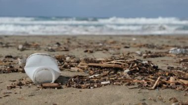 Kullanılan plastik bardak deniz kıyısı ekosisteminde atılıyor, doğa kirliliği.