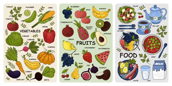 Produits alimentaires, légumes et fruits. — Image vectorielle