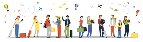Toeristen reizen met koffers en tassen — Stockvector