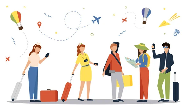 Turyści podróżują z walizkami i torbami — Wektor stockowy