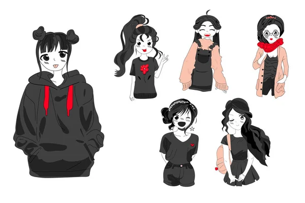 Eine Reihe Von Niedlichen Anime Mädchen Illustrationen Verschiedenen Kleidern Anime — Stockvektor