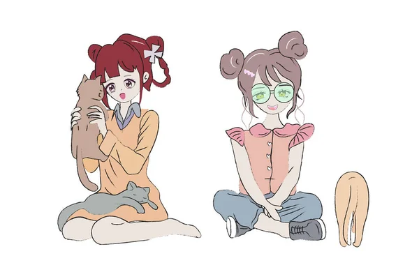 Eine Reihe Von Niedlichen Anime Mädchen Mit Katzen Illustrationen Verschiedenen — Stockvektor