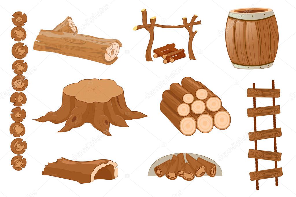 Cartoon timber. Wood log and trunk, stump and plank. Stacked timbers and firewood logs, forest trees objects and wood lumber production