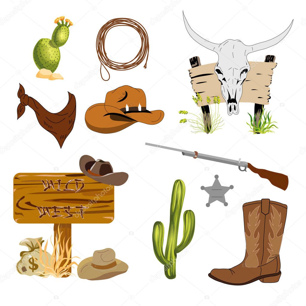 Wild west icons. Texas timber road sign, cactus, cow skull, cowboy hat isolated on white.