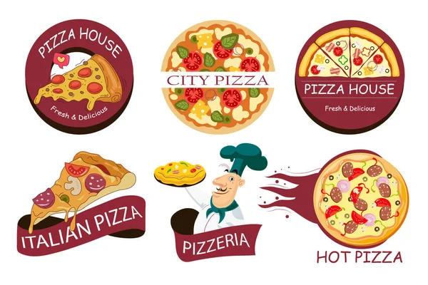 Logotypy Pizzerie Nastaveny Karikatura Barva Pizzerie Štítek Odznak Sada Koncept — Stockový vektor