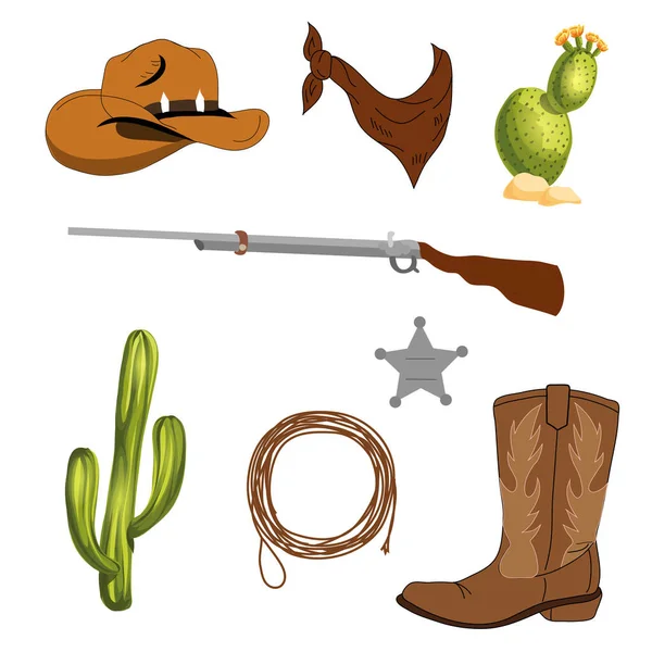 Wild West Ikonen Straßenschild Aus Texanischem Holz Kaktus Kuhschädel Cowboyhut — Stockvektor