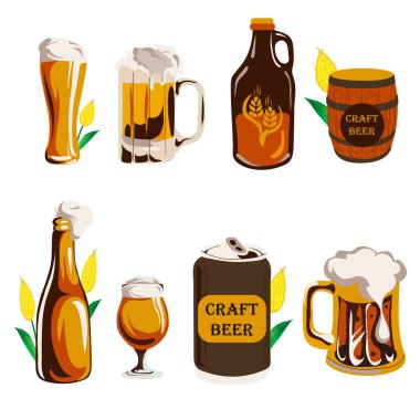 Beer glass, bottle and can types. Color vintage vector engraving illustration for web, poster, invitation to party.