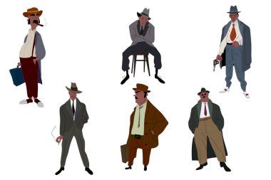 Gangster and mafia cartoon characters. Killers and criminals in hats, mafia boss. Masked threat gangster brutal bandit with guns