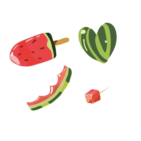 整个和一片西瓜 在白色背景下孤立的夏季食品概念图解 白色背景上的标识 — 图库矢量图片