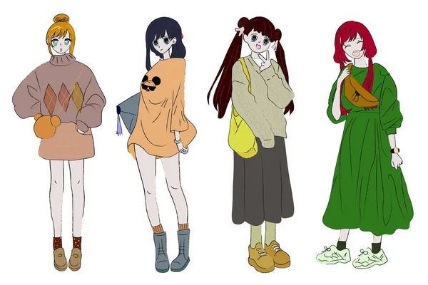 Set Cute Anime Girls Illustrations Various Clothes Anime Girl Anime — Stockvektor