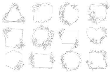 Çelenk hattı çerçeveleri. Laurel dekoratif elementler. Ödül siluet bırakır. Yapraklı, çiçekli, otlu, süslü çelenkler. Dekoratif unsurlar düğün davetiyesi, afiş ve ambalaj