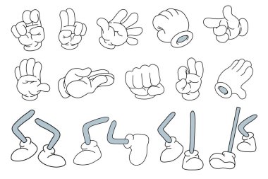 Body parts cartoon. Legs in boots, hands in gloves, With various gestures and body postures. Different foot movements and positions