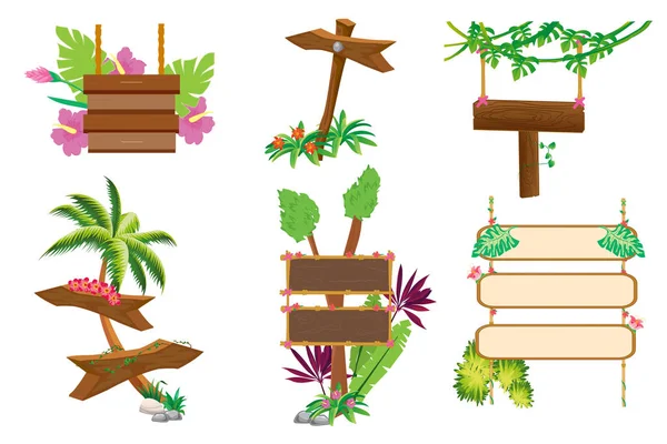 Wooden Signboards Planks Pointers Jungle Wood Board Tropic Leaves Moss — Stock vektor