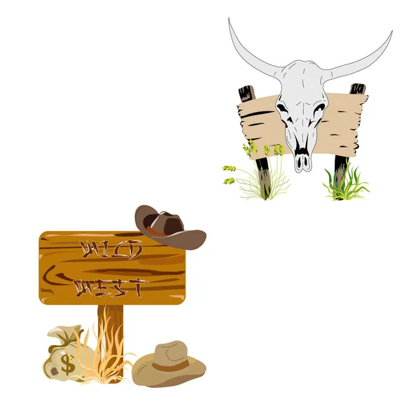 Ícones Wild West Texas Sinal Estrada Madeira Cacto Crânio Vaca — Vetor de Stock