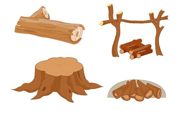 Cartoon timber. Wood log and trunk, stump and plank. Stacked timbers and firewood logs, forest trees objects and wood lumber production