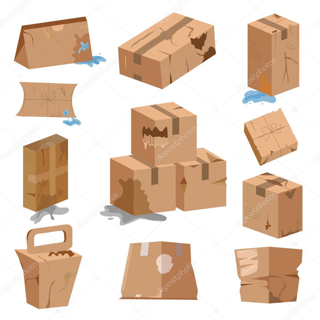 Damaged broken cardboard boxes, delivery packages set. Broken, wet, torn carton delivery boxes vector illustration set. Carton damaged cardboard package