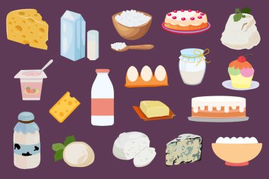 Süt ürünlerinin vektör koleksiyonu. Organik doğal gıda tasarımı konsepti. Süt, tereyağı, peynir, yoğurt, süzme peynir, ekşi krema, dondurma, krema, beyaz üzerine izole edilmiş.