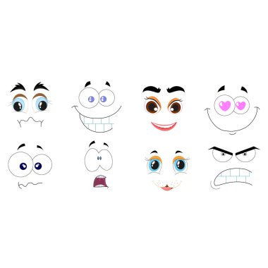 Çizgi roman suratları. Kocaman gözleri, yanakları ve ağzı olan sevimli avatarlar.