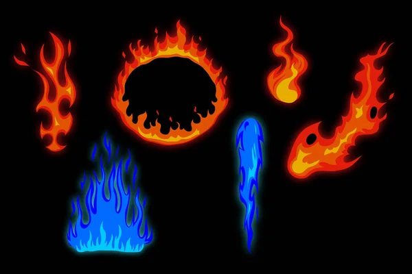 Σετ Πυρκαϊάς Μαύρο Φόντο Φωτιά Φλόγες Φωτεινή Πύρινη Σφαίρα Θερμότητα — Διανυσματικό Αρχείο