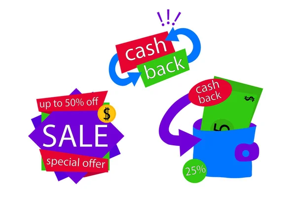 Ensemble Collection Étiquettes Cashback Badges Remboursement Argent Cash Back Deal — Image vectorielle