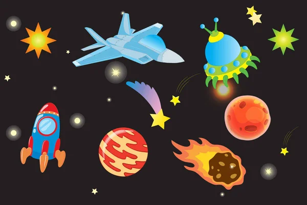 Cartoon Colorful Characters Astronaut Asteroid Comet Space Object Set Abstract — Stock vektor