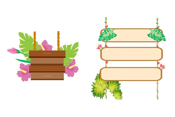 Wooden Signboards Planks Pointers Jungle Wood Board Tropic Leaves Moss — Stock vektor