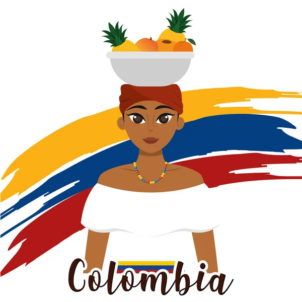 Chica colombiana tradicional con una cesta de frutas Colombia Vector — Vector de stock