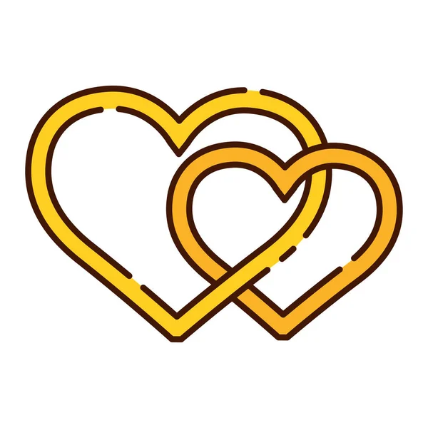 Dvojice zlatých prstenů s tvarem srdce plochý design ikona vektor — Stockový vektor