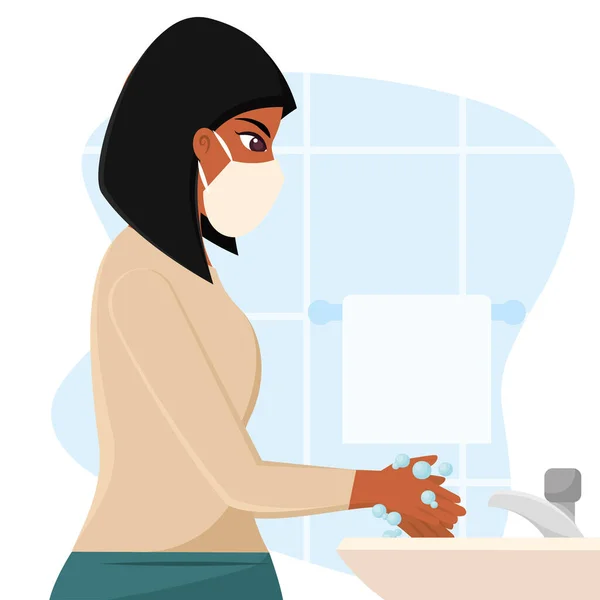 Mädchen mit Gesichtsmaske beim Händewaschen Prävention und Selfcare Vektor — Stockvektor