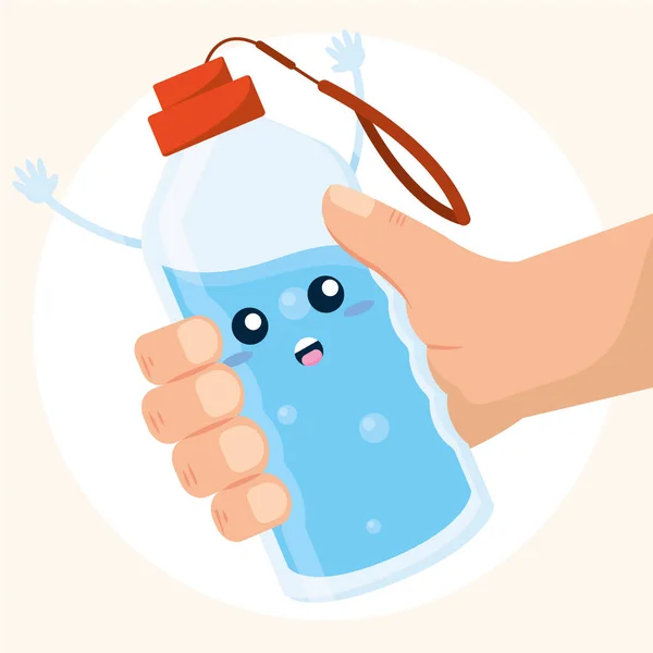 Geïsoleerd gelukkig water fles cartoon wordt gehouden door een hand Vector — Stockvector