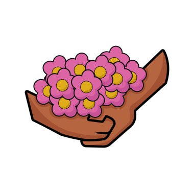 Bir grup çiçek taşıyan bir çift el. Vektör.