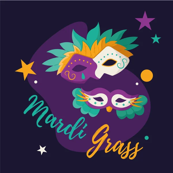 Par de cartaz roxo mardi gras de máscaras de carnaval com penas Vector — Vetor de Stock