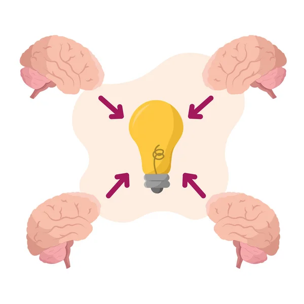 Groupe d'icônes du cerveau autour d'une ampoule Concept de travail d'équipe Vecteur — Image vectorielle