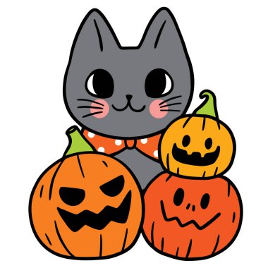 Cadılar Bayramı 'nda kara kedi, sevimli karakter vektörü..