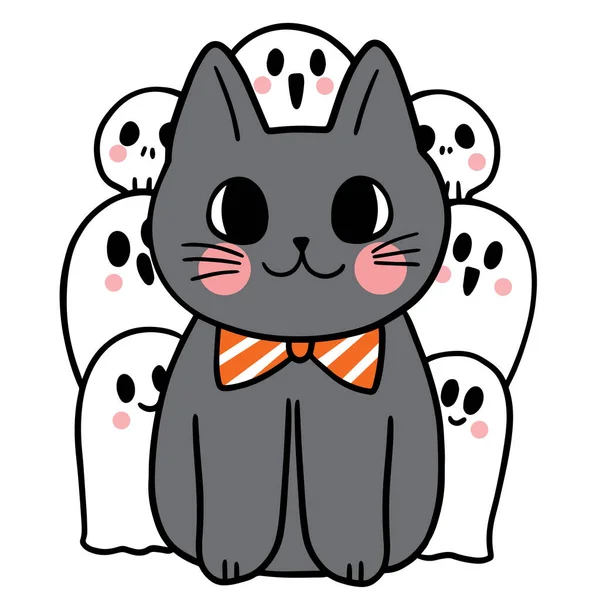 Schwarze Katze Halloween Cute Cartoon Charakter Vektor — Stockvektor