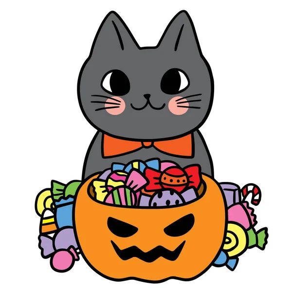 Svart Katt Halloween Söt Tecknad Karaktär Vektor — Stock vektor